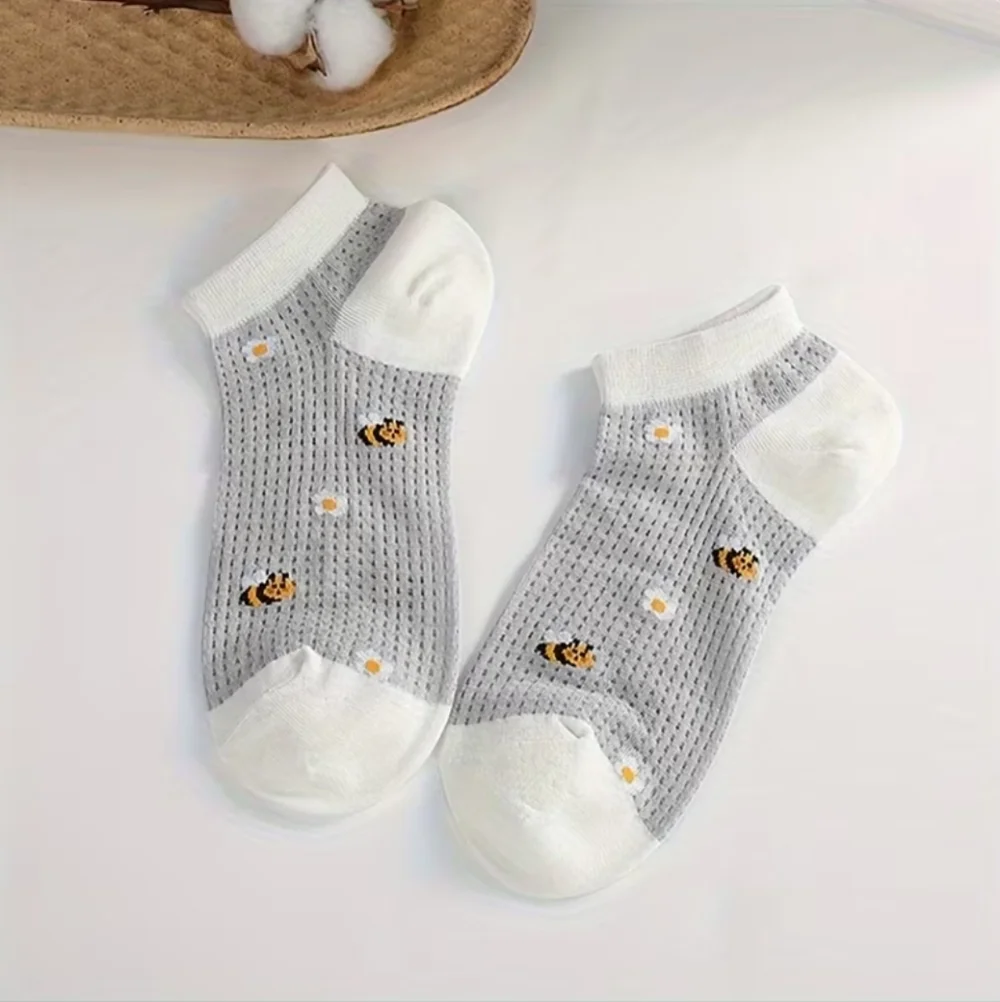 5 Pairs Bee & Floral Socks, Simple Japanese Style Low Cut Ankle Socks